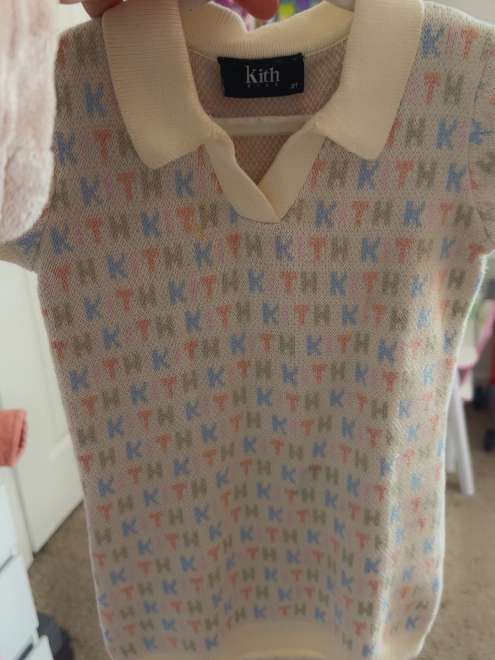 Kith Kids Cream Polo Sweater with Pastel Blue Pink Tan Logos